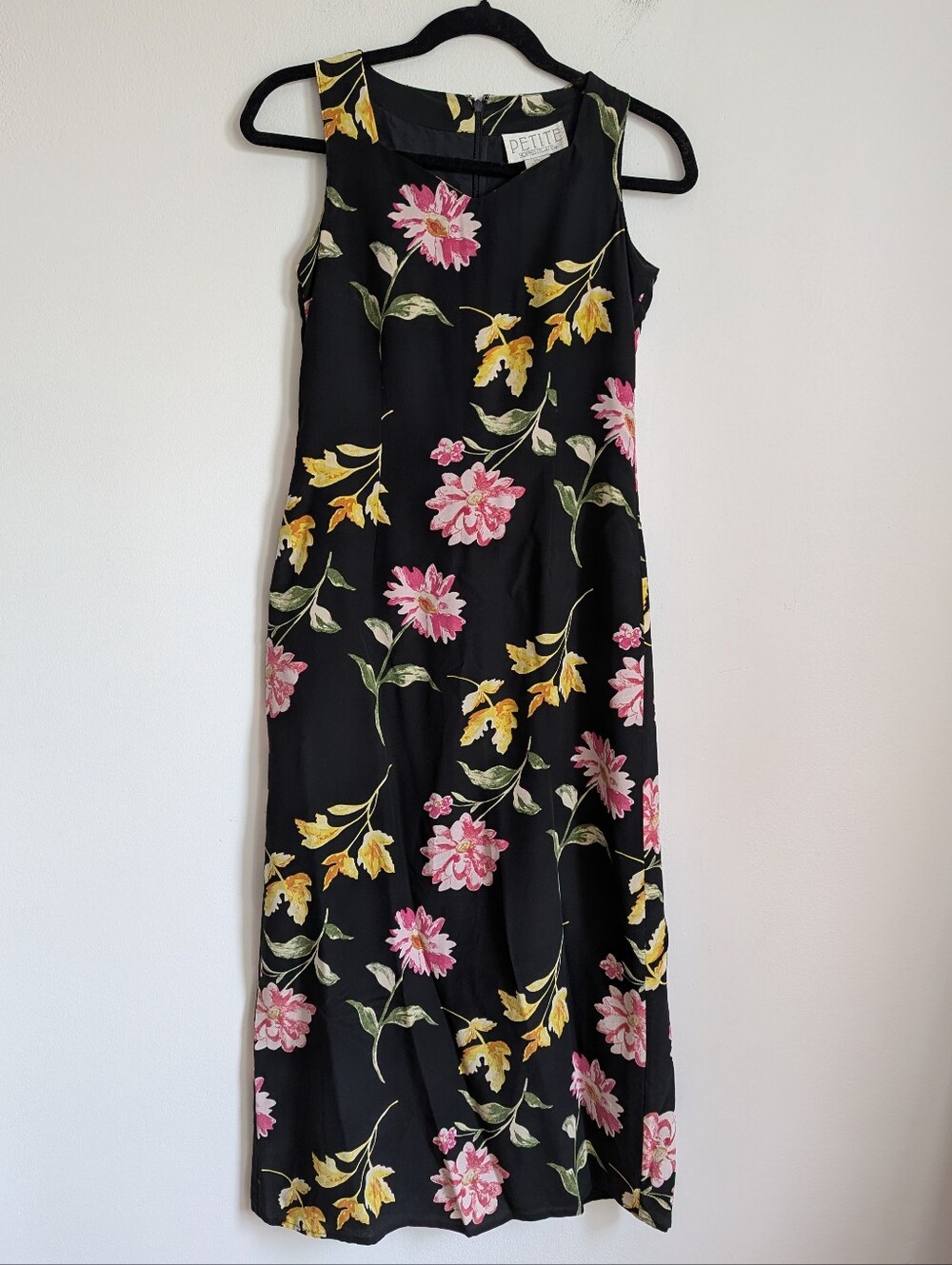 Vintage 90s Petite Silk Black Floral Boat Neck Maxi Dress Pink & Yellow